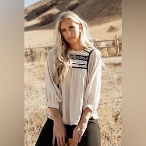 Bohme Linen Boho Top with Crocheted Details and Oversized Fit